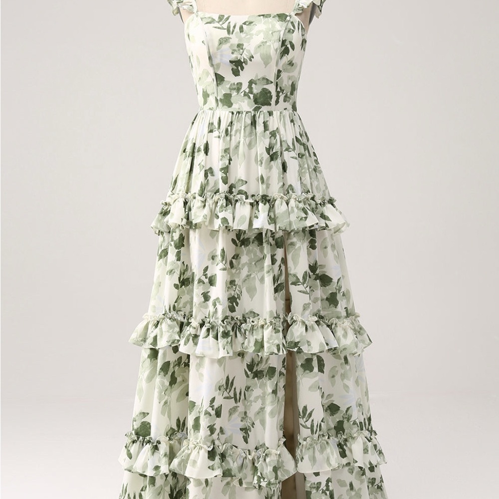 Zapaka Green Floral Ruffles Tiered Prom Dress with Slit